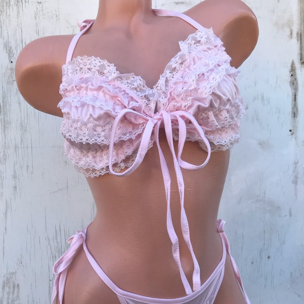 Pink lace rumba ruffle bikini lingerie bra panty set Marie Antoinette vintage